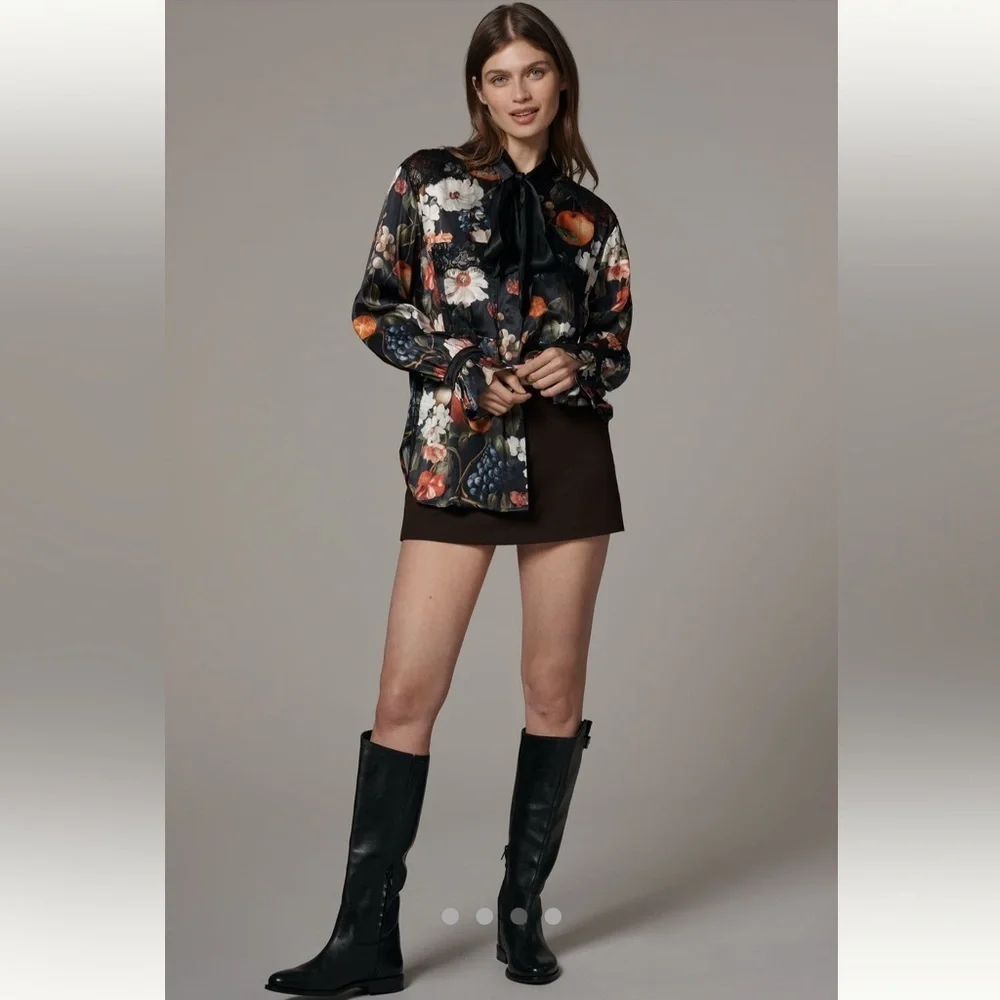 🍀RARE🍀 Anthropologie NWT Maeve Long-Sleeve Lace Silky Tie-Neck Blouse size M. - Picture 5 of 13